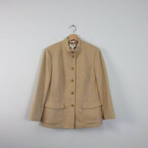 Talbots Pure Camel Hair Nehru Band Collar Blazer Women 12 Beige Button Vtg 520